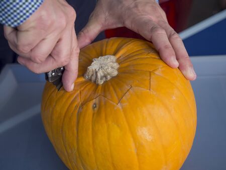 Process of carving pumpkin to make Jack-o-lantern. Creating traditional decoration for Halloween and Thanksgiving. Cutted orange pumpkin lay on table in woman hands.の写真素材