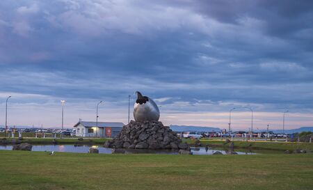Iceland, Keflavik, August 5, 2019: Jet Nest modern sculpture at Airport Keflavik, Sunset blue hour.のeditorial素材