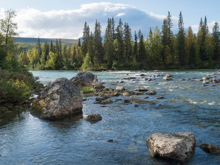 Beautiful northern landscape with azure blue river Kamajokk, mountains, boulders and spruce tree forest in Kvikkjokk in Swedish Lapland. Summer sunny day, white clouds.の写真素材