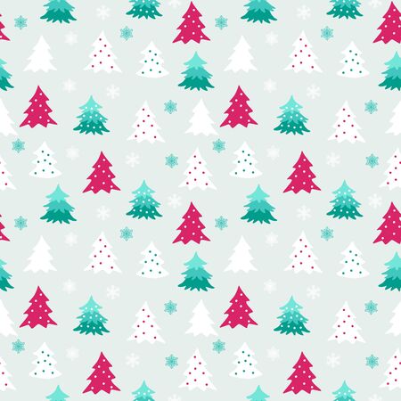Winter seamless pattern with white green and purple varied christmas trees and snowflakes. Graphic design element for wrapping paper, prints, scrapbooking, simple cartoon EPS10 vectorのイラスト素材