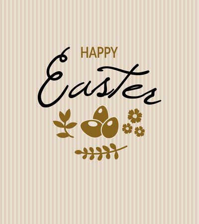 easter greeting card design with black lettering Happy Easter calligraphy, hand drawn golden easter eggs, flowers and leaves on beige striped vintage bacground.  vector illustrationのイラスト素材