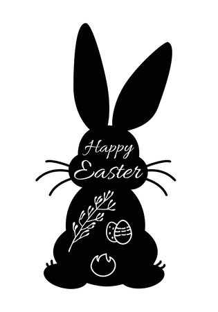 Easter greeting card design with black bunny sitting rabbit back silhouette with white inscription Happy Easter, spring twig and decorated eggs. Vector  illustrationのイラスト素材
