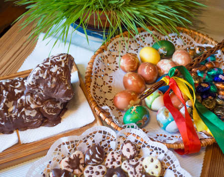 Czech republic, Prague, April 22, 2019: Homemade Colorful Painted easter eggs in wicker basket,...