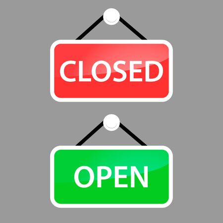 Open and closed icon, hanging Rectangular door sign with text open and closed in green, red, black and white on signboard, Vector eps 10 pictogramのイラスト素材