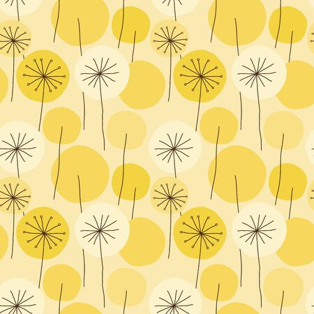 Seamless abstract floral pattern with hand drawn yellow dandelion flower circles, black outline on beige background. Vintage retro style. Vector eps10.のイラスト素材