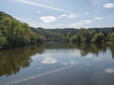 view on river Berounka from pedestrial bridge from village Zadni Treban to Hlasna treban in central...