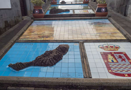 Firgas, Gran Canaria, Canary Islands, Spain December 13, 2020: view of relief model of the canary islands from lava rock and ceramic tiles at street Paseo de Gran Canariaのeditorial素材