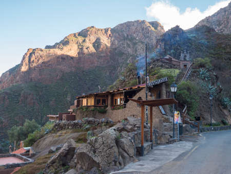 Montana de las Tierras, Gran Canaria, Canary Islands, Spain December 14, 2020: restaurant at small village Montana de las Tierras at Barranco de Guayadeque ravine at sunny dayのeditorial素材