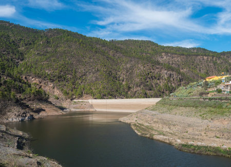 View of sweet water dam Presa de Los Perez lake in Tamadaba nature park. Gran Canaria, Canary Islands, Spainの写真素材