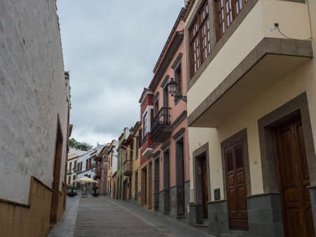 Teror, Gran Canaria, Canary Islands, Spain December 21, 2020: Street at center of historic town Teror, traditional spanish colonial architectureのeditorial素材