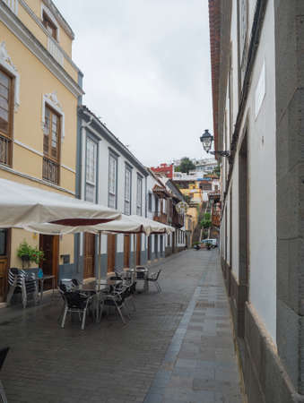 Teror, Gran Canaria, Canary Islands, Spain December 21, 2020: Street at center of historic town Teror, traditional spanish colonial architectureのeditorial素材
