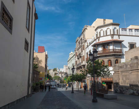Las Palmas de Gran Canaria, Canary Islands, Spain December 23, 2020: Street at old town Vegueta with historic buildings with colorful facades and traditional colonial architectureのeditorial素材