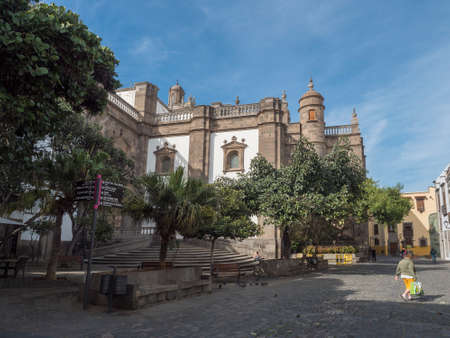 Las Palmas de Gran Canaria, Canary Islands, Spain December 23, 2020: Square Plaza del pilar nuovo with Cathedral of Santa Ana at old town Vegueta in Las Palmas de Gran Canaria at sunny day.のeditorial素材