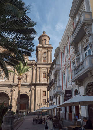 Las Palmas de Gran Canaria, Canary Islands, Spain December 23, 2020: Street at old town Vegueta with historic buildings and Cathedral of Santa Anaのeditorial素材