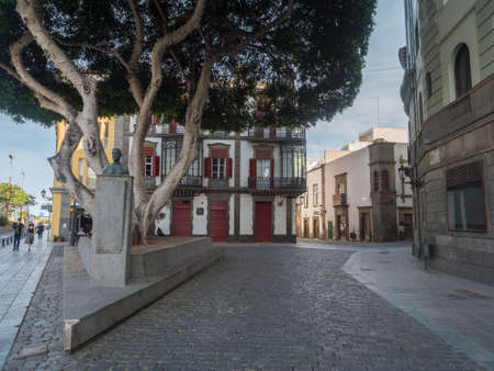 Las Palmas de Gran Canaria, Canary Islands, Spain December 23, 2020: Street at old town Vegueta with historic buildings with colorful facades and traditional colonial architectureのeditorial素材