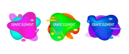 Set of abstract flowing liquid geometric shapes in vivid bright color gradient. Fluid design elements for minimal banner, logo, flyer or presentation. Futuristic trendy dynamic Eps10 vector.のイラスト素材