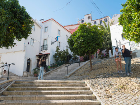 Lisbon, Portugal, October 24, 2021: View of square Largo de Sao Miguel at medieval quarter Alfama in Lisbon, sunny dayのeditorial素材