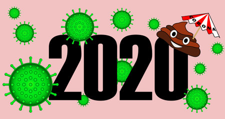 COVID-19 corona virus year 2020 surround by virus and covered with shit smiling and holding an...