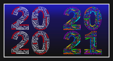 colorfull flat vector Illustarion of a wordcloud, comparing COVID-19 corona virus years 2020 vs. 2021 with text in numbers like LOCKDOWN, PLAGUE, FEAR, DISEASE, REOPENING, JOY, VACCINATION, HOPEのイラスト素材
