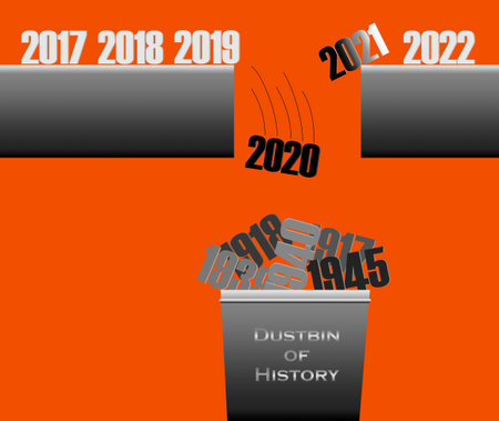 COVID-19 corona virus year 2020 falling in the dustbin of history, 2021 is on the edgeのイラスト素材