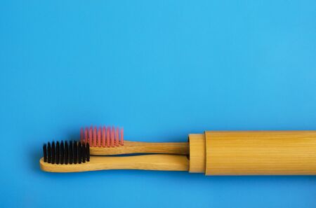 eco natural bamboo toothbrushes on blue background. zero waste flat lay 16の写真素材