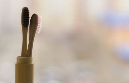 eco natural bamboo toothbrushes on blue background. zero waste flat lay 7の写真素材