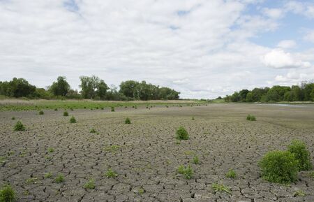 dry pond with cracked earth against a cloudy sky 10の写真素材