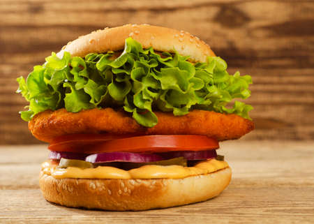 appetizing burger on a wooden background 44の写真素材