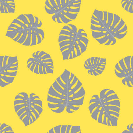 pattern of gray monstera leaves on a yellow backgroundのイラスト素材
