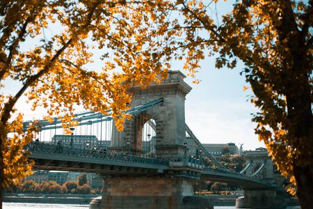 Old nineteenth century SzÃ©chenyi Chain Bridge in Budapestの写真素材