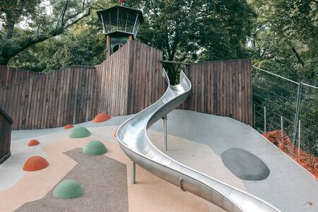 Modern outdoor playground with slides and climbing framesの写真素材