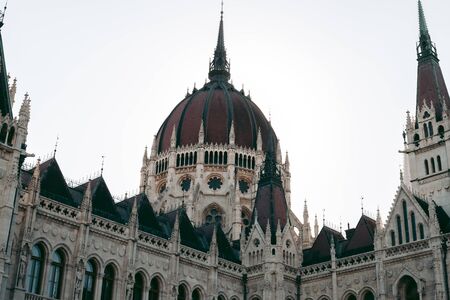 Budapest Parliament Building in the afternoon against a clear blue sky