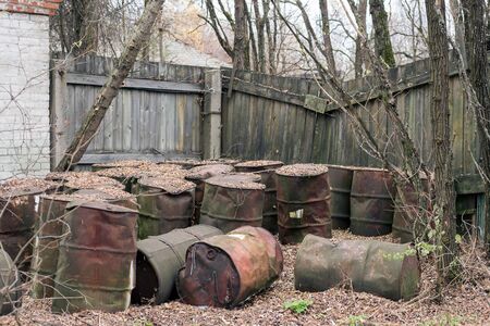 Old rusty barrels in Pripyat in Chernobylの写真素材