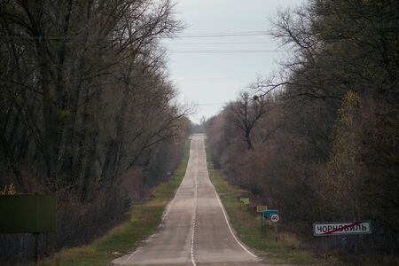 The road in the forest in Pripyat in Chernobyl