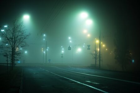 Highway road at night in the fog in the cityの写真素材