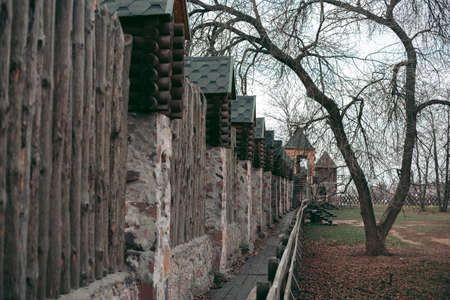 Old medieval wooden fortress with towersのeditorial素材