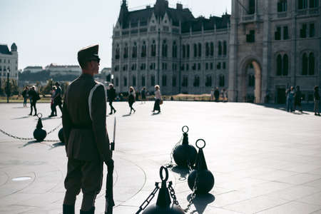Guard on the parade ground near the parliament building in Budapestのeditorial素材
