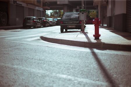 Old green fire hydrant in the city