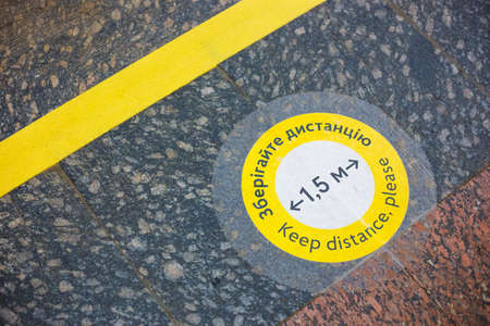 Kyiv, Ukraine - 06.24.2020: Social distance in the subway and information signs in the metroのeditorial素材