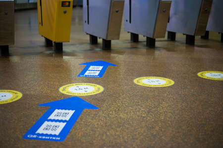 Kyiv, Ukraine - 06.24.2020: Social distance in the subway and information signs in the metro