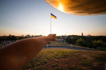 National flag of independent Ukraine waving in the windの写真素材