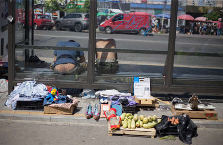 Kyiv, Ukraine 10.03.2020: Spontaneous uncontrolled trade in the market on the city street
