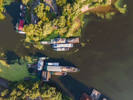 Aerial view of boats and ships on the riverの写真素材