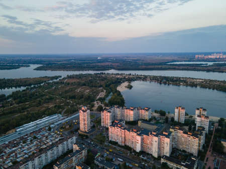 Aerial view of the outskirts of the city and the nature beyondのeditorial素材