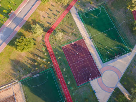 Aerial view of football and basketball courtsのeditorial素材