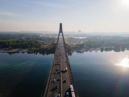 Aerial view of the stream of cars on the bridgeのeditorial素材