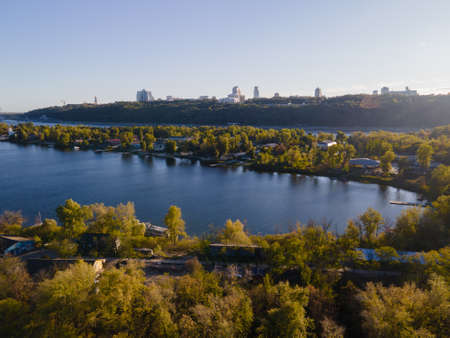 Aerial view of the fresh dnieper river in kiev cityの写真素材