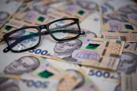 Banknote of the Ukrainian national currency hryvnia. Cash of the National Bank of Ukraine.の写真素材