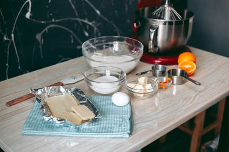 The baking process of baking pies and cookies in the kitchenの写真素材