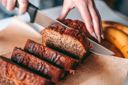 Freshly baked banana bread in the kitchen
